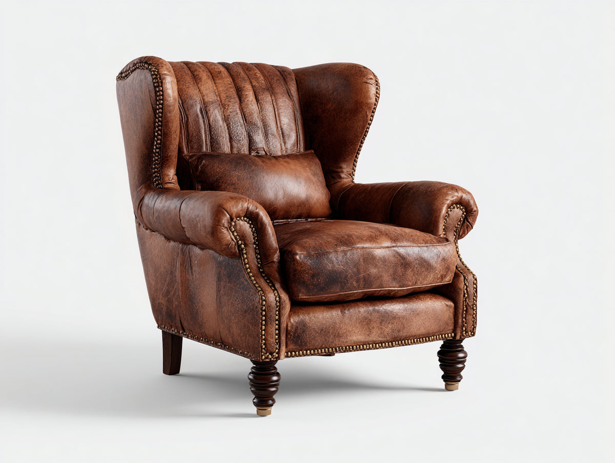 Poltrona a orecchioni - Pelle-Legno-Metallo - 89x93x112 cm - Marrone cognac - Stile classico vintage