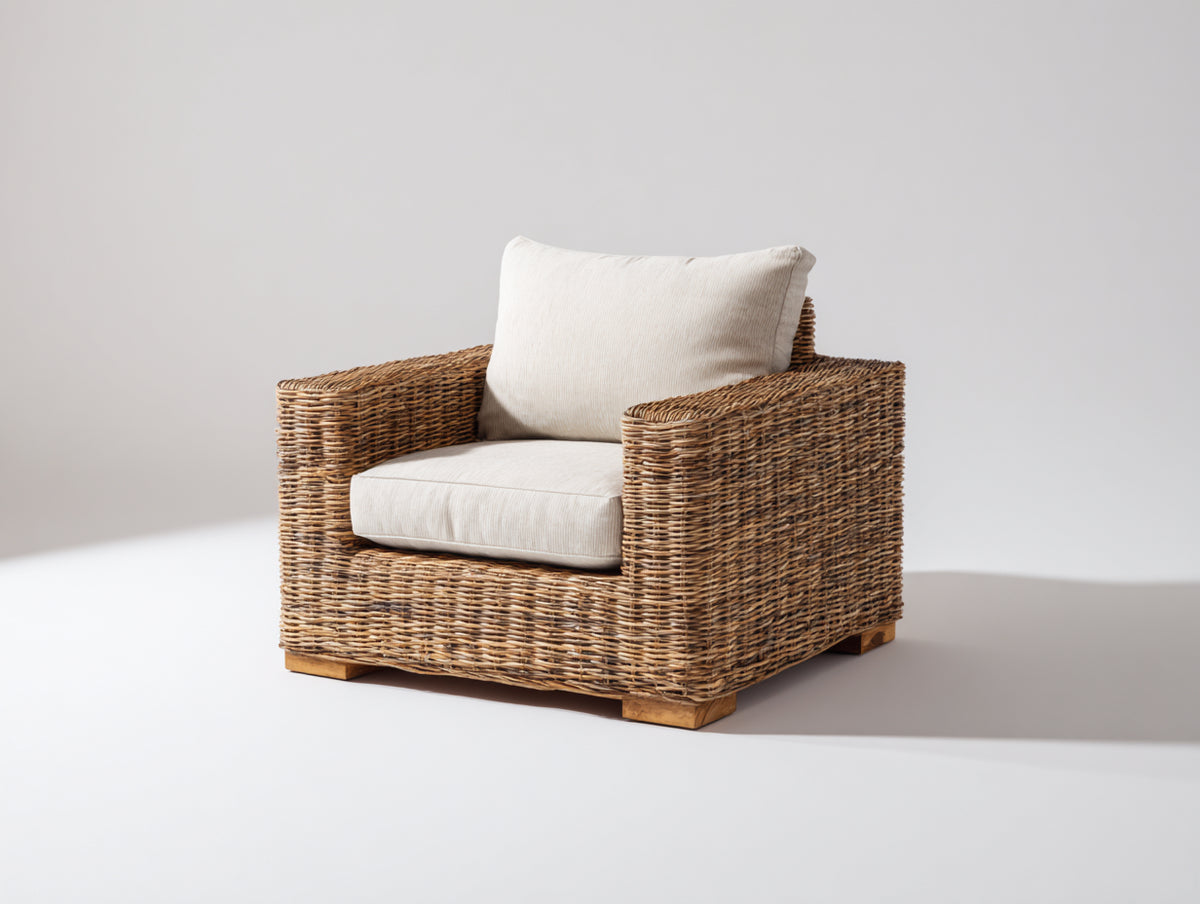 Poltrona da giardino - Rattan sintetico-Tessuto - 88x84x79 cm - Marrone naturale-Bianco crema - Rustico contemporaneo