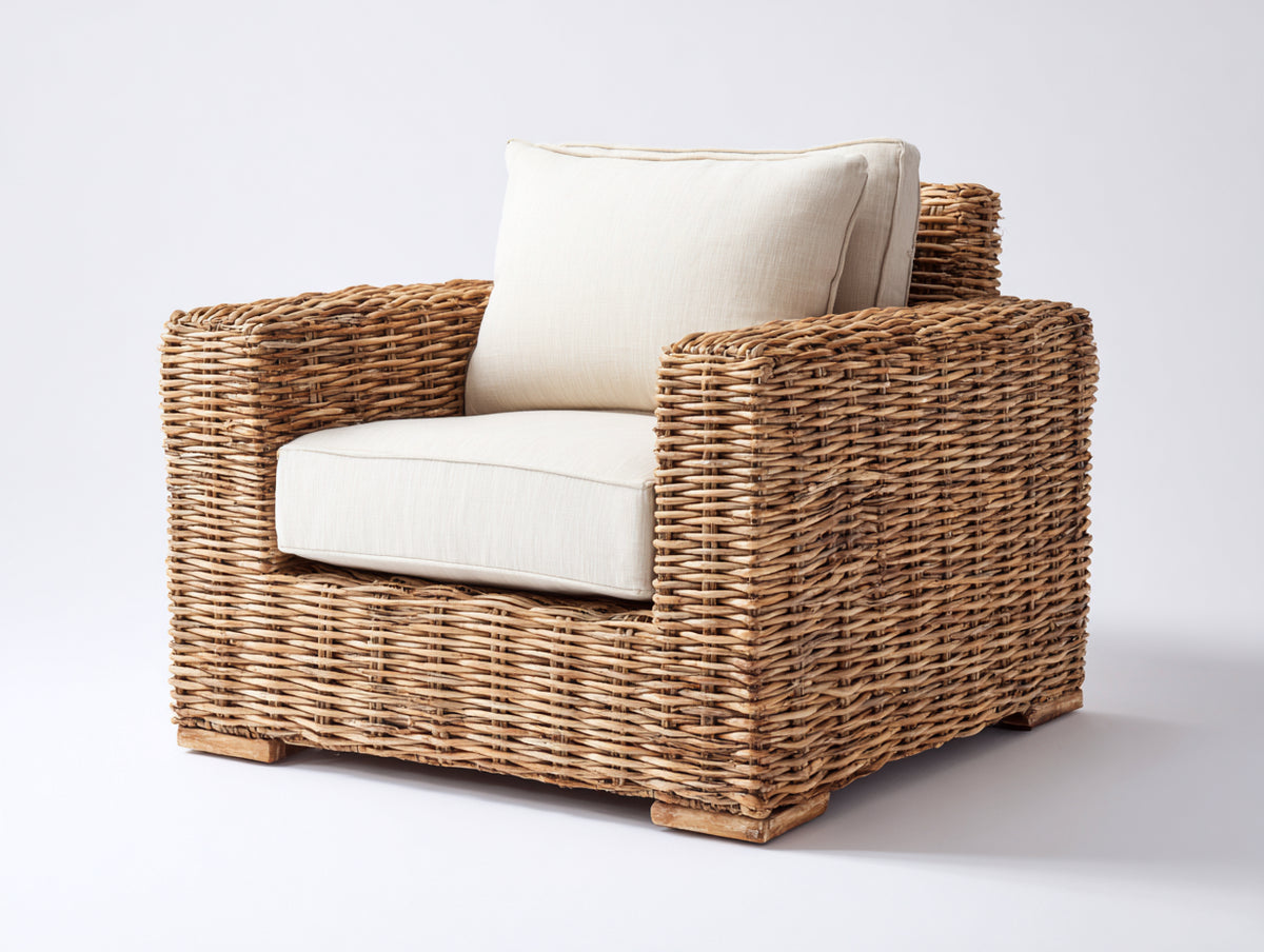 Poltrona da giardino - Rattan sintetico-Tessuto - 92x86x81 cm - Naturale-Avorio - Contemporaneo