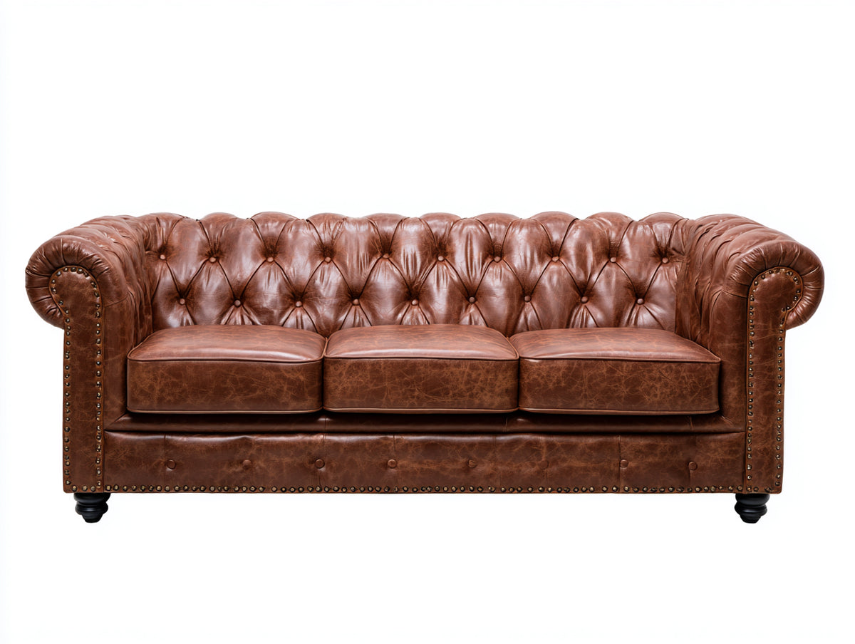 Divano lineare - Pelle-Metallo-Legno - 215x92x78 cm - Marrone - Chesterfield vintage