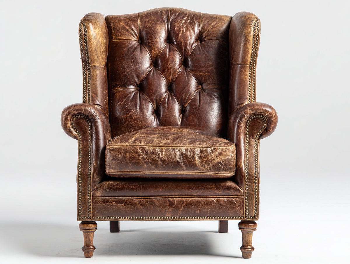 Poltrona a orecchioni - Pelle-Legno-Metallo - 88x92x114 cm - Marrone anticato - Stile classico vintage