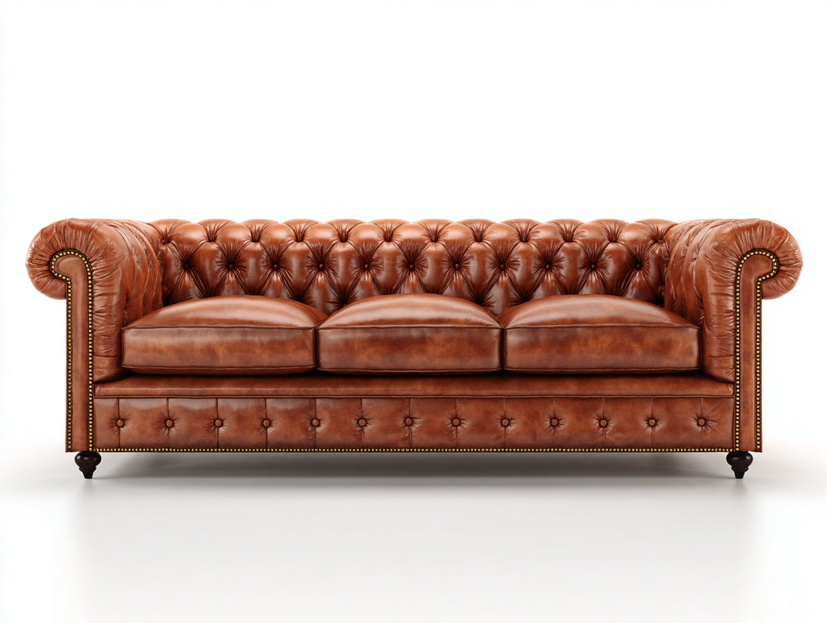 Divano lineare - Pelle-Metallo-Legno - 230x96x79 cm - Marrone cognac - Chesterfield classico