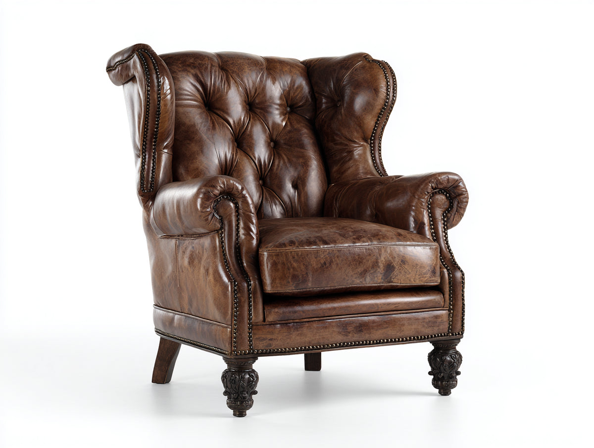 Poltrona a orecchioni - Pelle-Legno-Metallo - 87x91x111 cm - Marrone cioccolato - Stile classico vintage