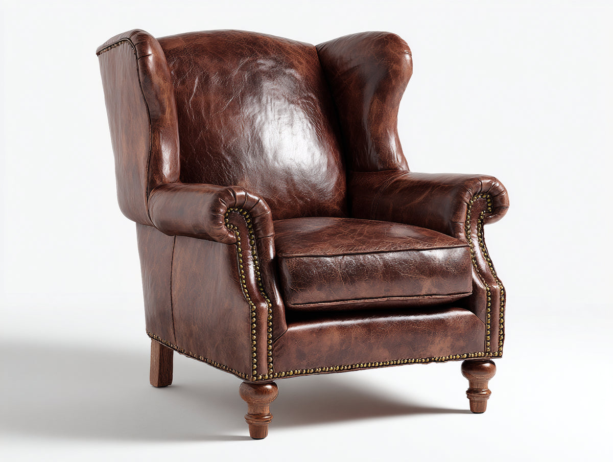 Poltrona a orecchioni - Pelle-Legno-Metallo - 84x89x109 cm - Marrone scuro - Stile classico vintage