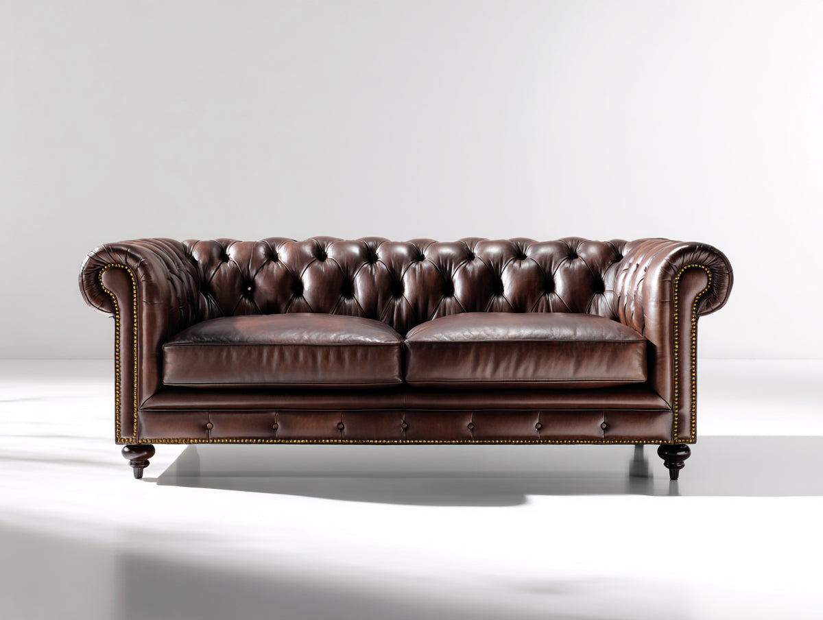 Divano lineare - Pelle-Legno-Metallo - 205x92x78 cm - Marrone scuro - Chesterfield