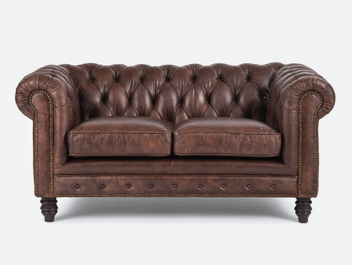 Divano lineare - Pelle-Metallo-Legno - 178x92x78 cm - Marrone scuro - Chesterfield vintage