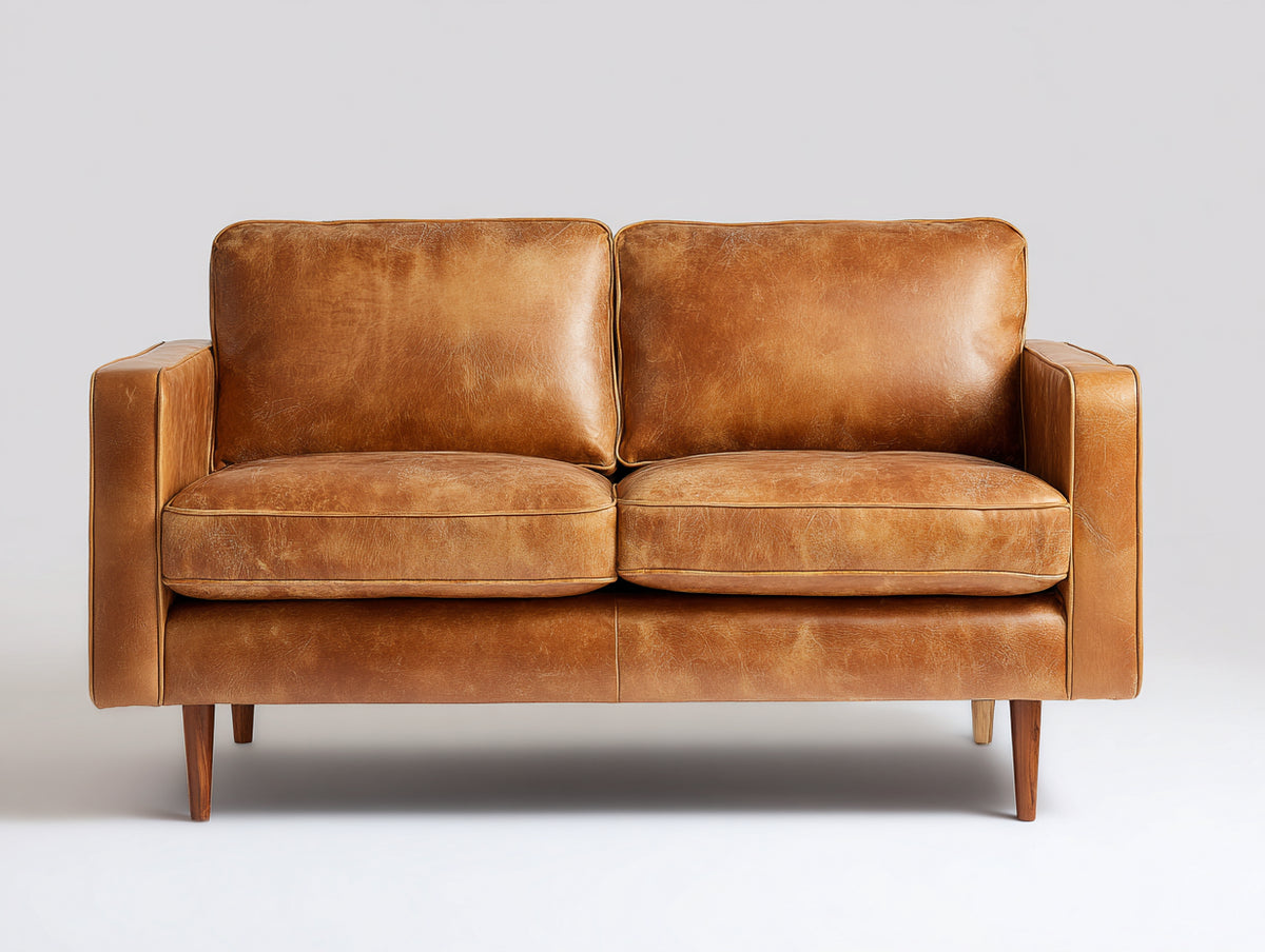 Divano lineare - Pelle-Legno - 170x87x86 cm - Marrone cuoio - Moderno vintage