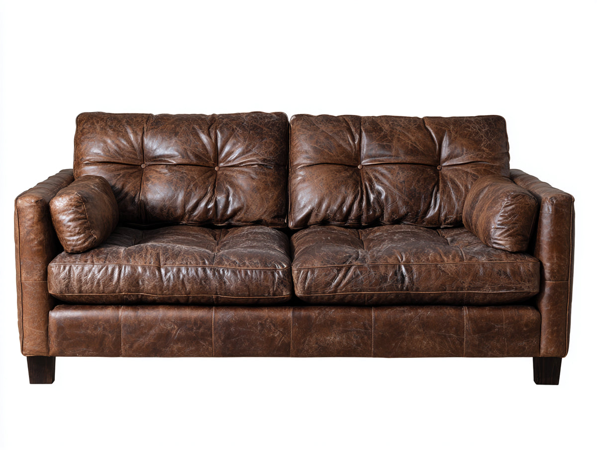 Divano lineare - Pelle-Legno - 198x94x88 cm - Marrone - Vintage