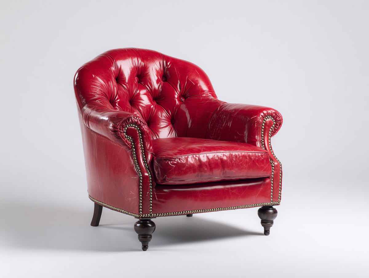 Poltrona a orecchioni - Pelle-Legno-Metallo - 82x87x89 cm - Rosso rubino - Stile classico vintage