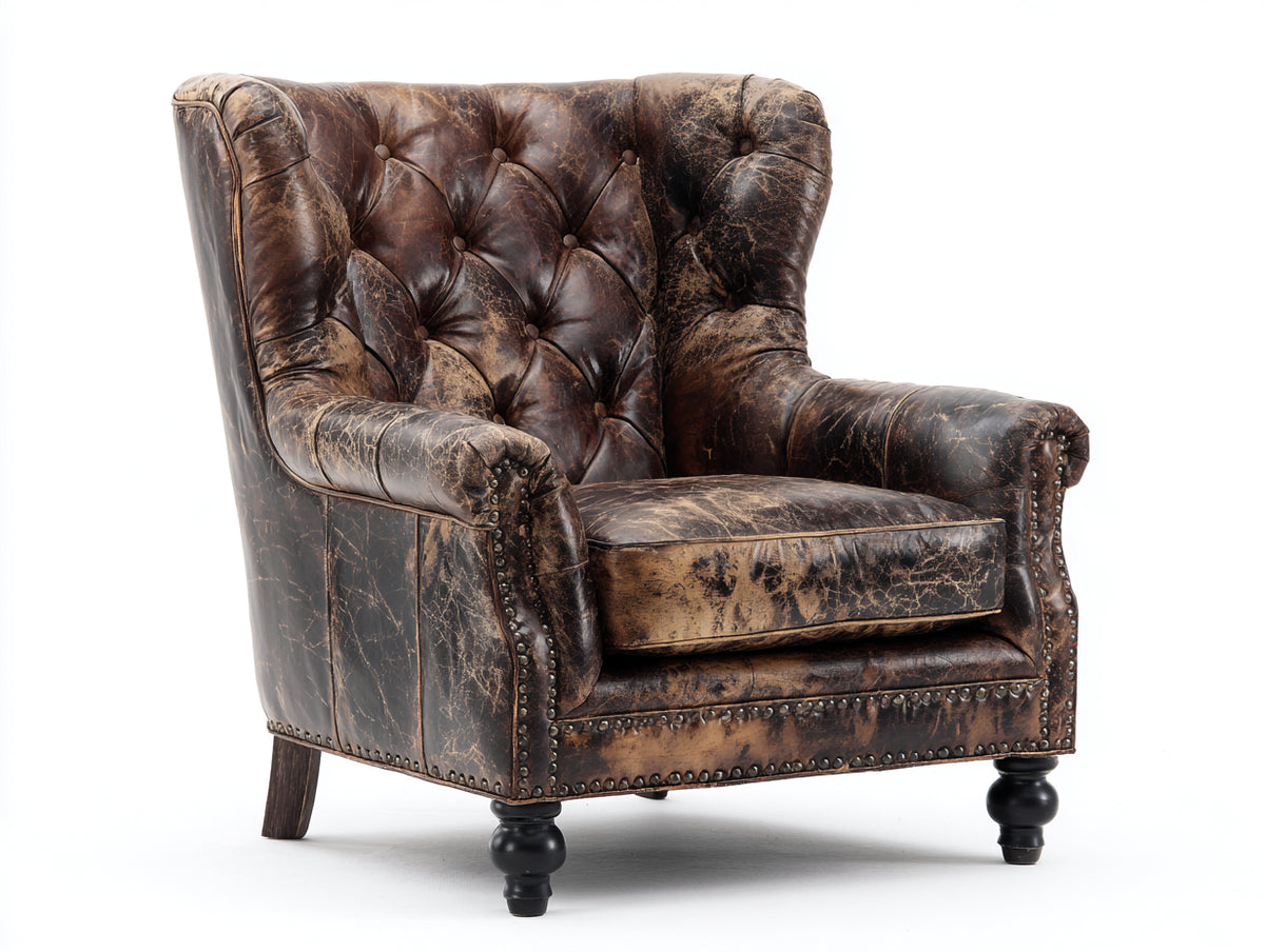 Poltrona a orecchioni - Pelle-Legno-Metallo - 87x91x113 cm - Marrone anticato - Stile classico vintage