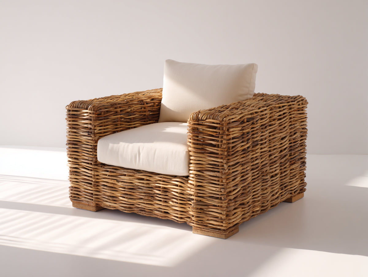 Poltrona da giardino - Rattan sintetico-Tessuto - 93x89x78 cm - Marrone miele-Bianco crema - Rustico