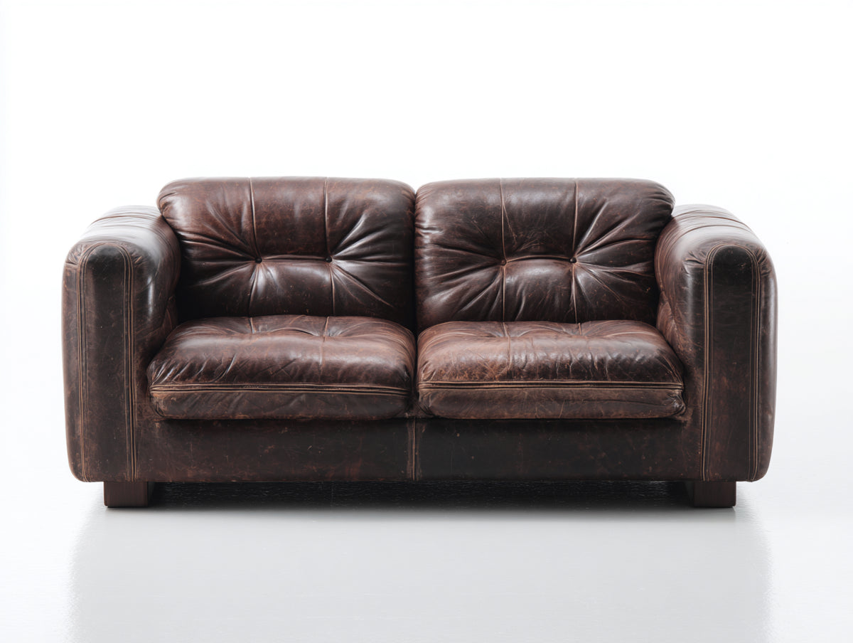 Divano lineare - Pelle-Legno - 168x90x82 cm - Marrone scuro - Vintage