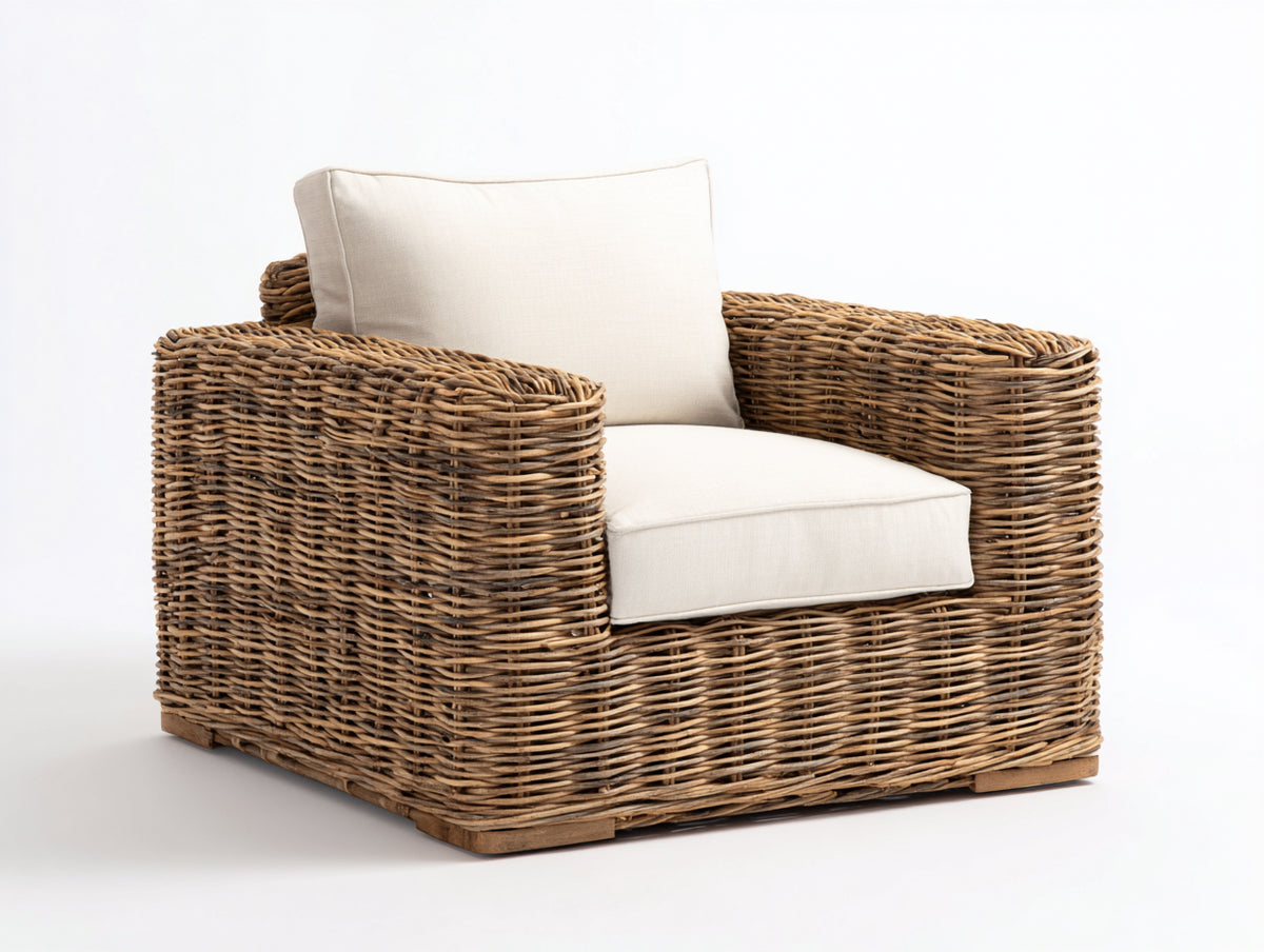 Poltrona da giardino - Rattan sintetico-Tessuto - 94x90x78 cm - Marrone naturale-Avorio - Rustico contemporaneo
