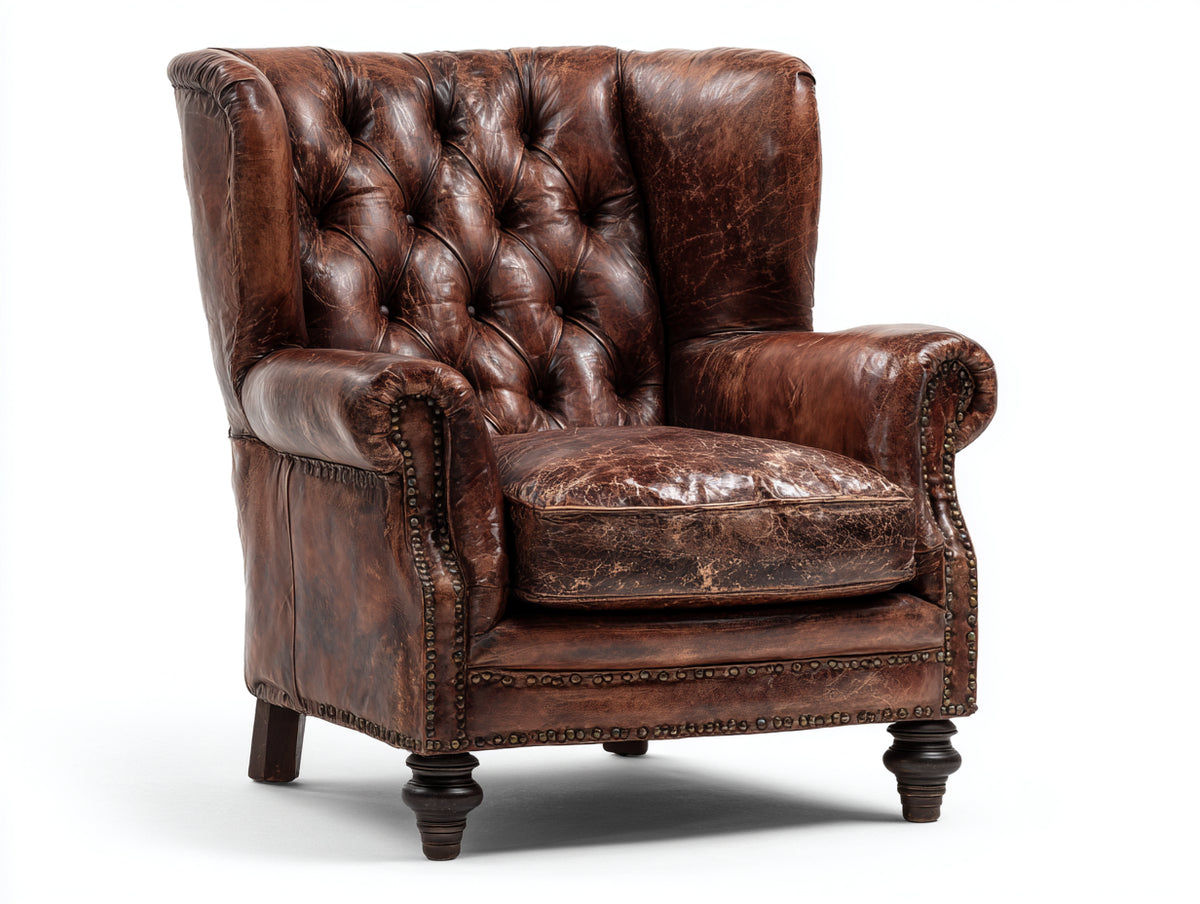 Poltrona a orecchioni - Pelle-Legno-Metallo - 89x93x112 cm - Marrone cuoio - Stile classico vintage