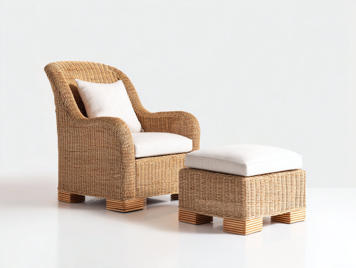 Poltrona da giardino - Rattan sintetico-Tessuto - 91x83x101 cm - Naturale chiaro-Crema - Naturale classico